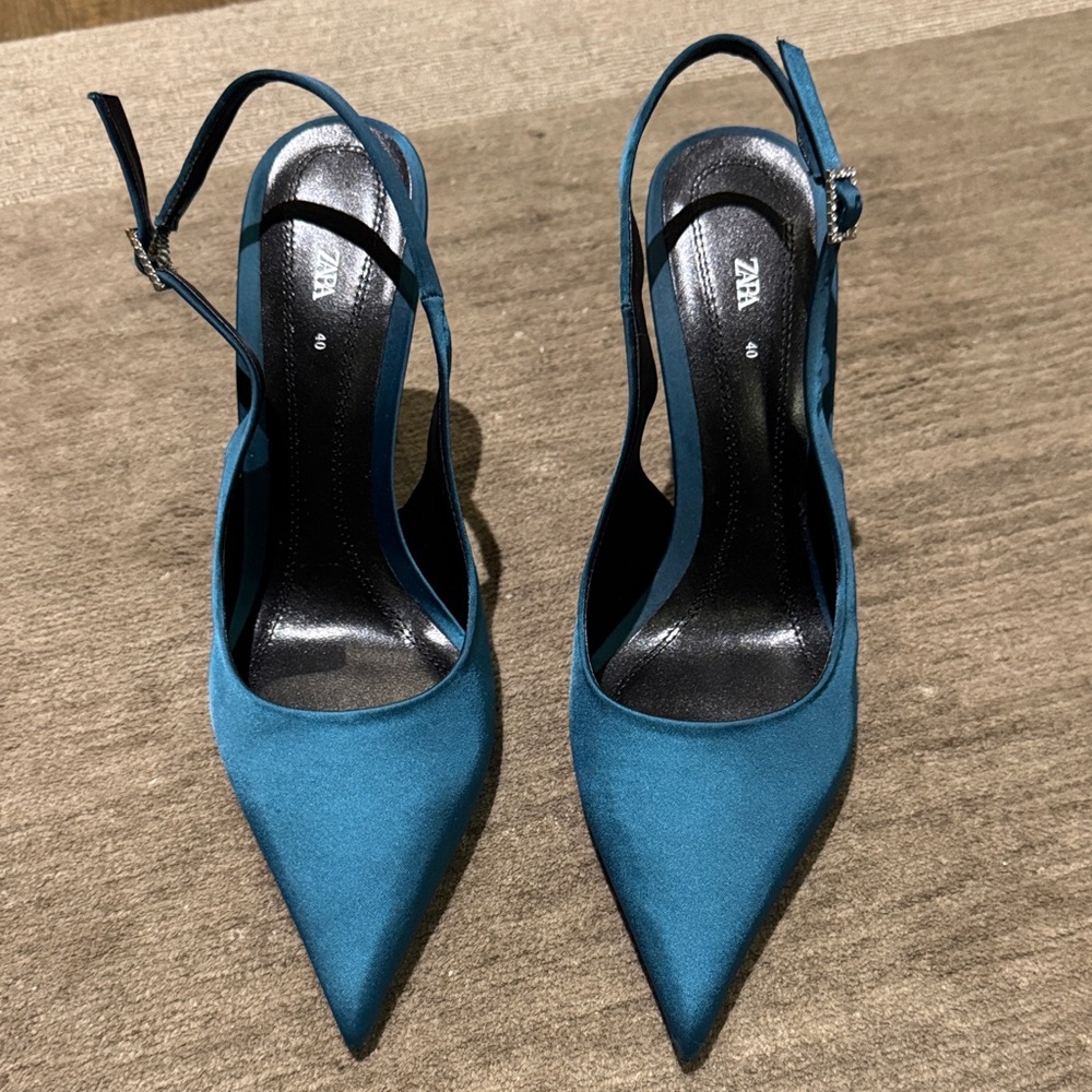 Zara Satin Teal Slingback Heels